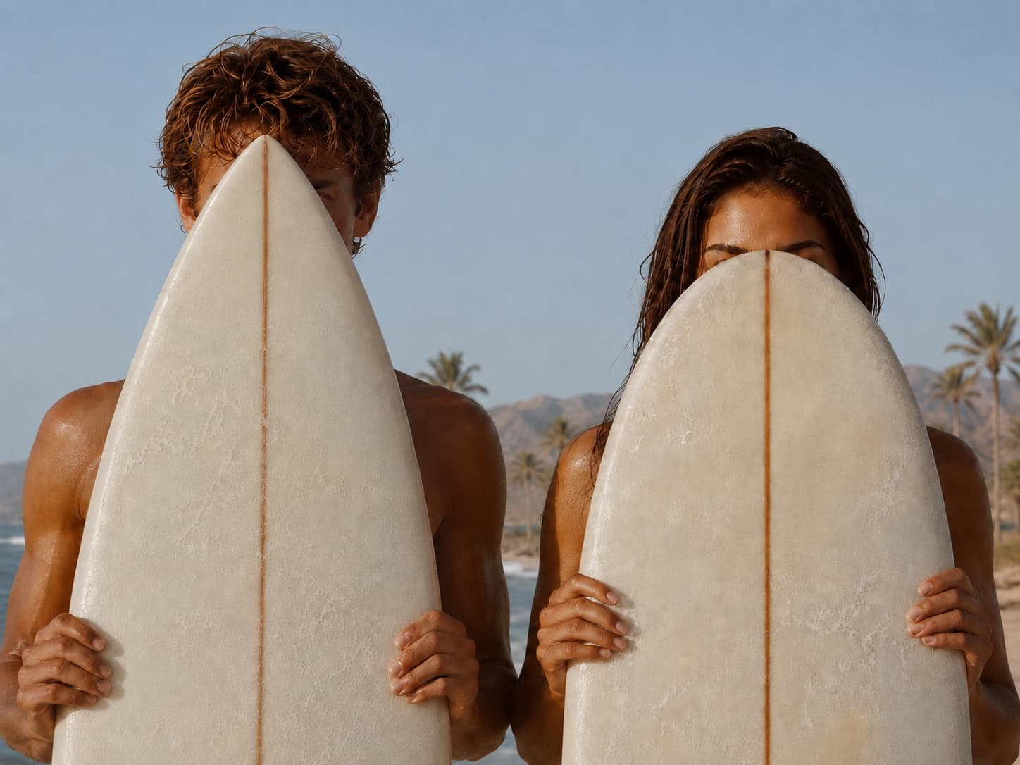 Surfers carrying boards toward a sunlit point break