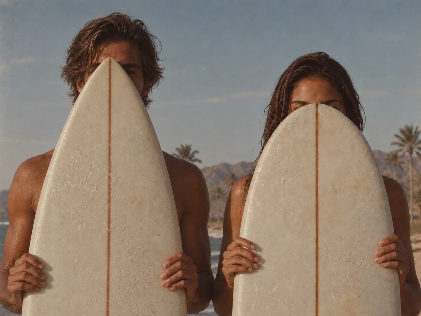 Two surfers holding their boards up on a Baja beach, palms and mountains behind