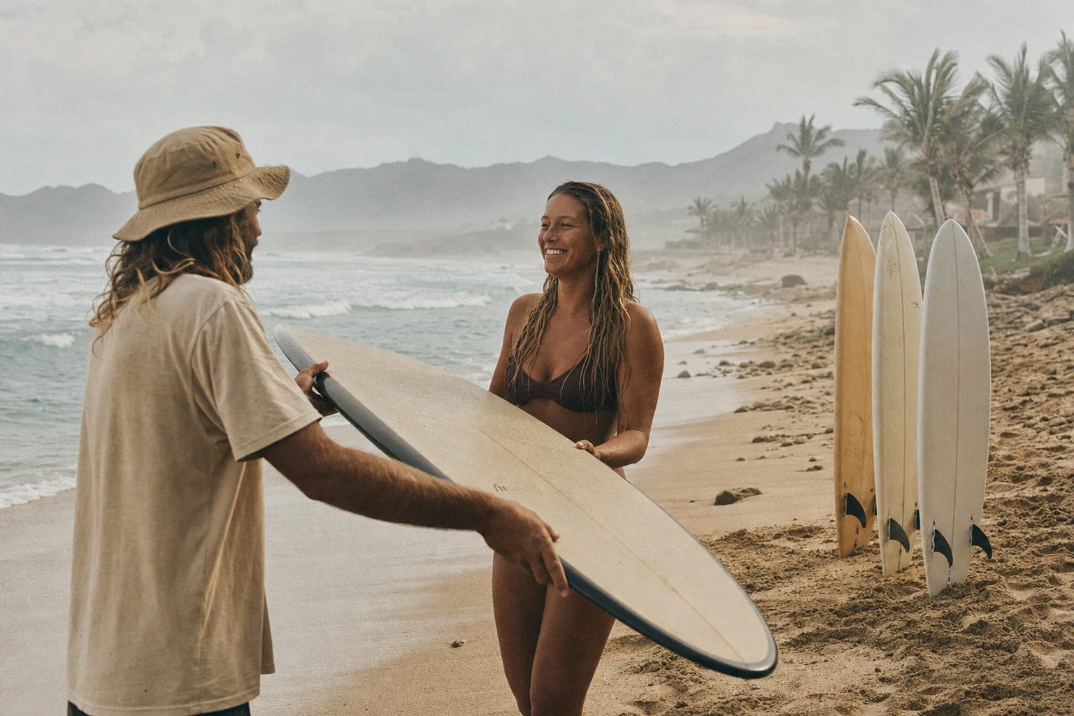 An instructor handing a soft-top surfboard to a surfer on a Baja beach