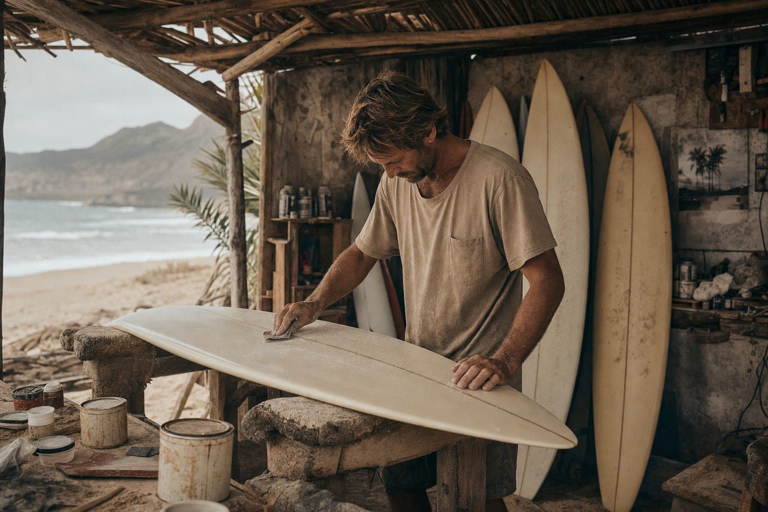 A repairer sanding a surfboard ding in a Baja workshop