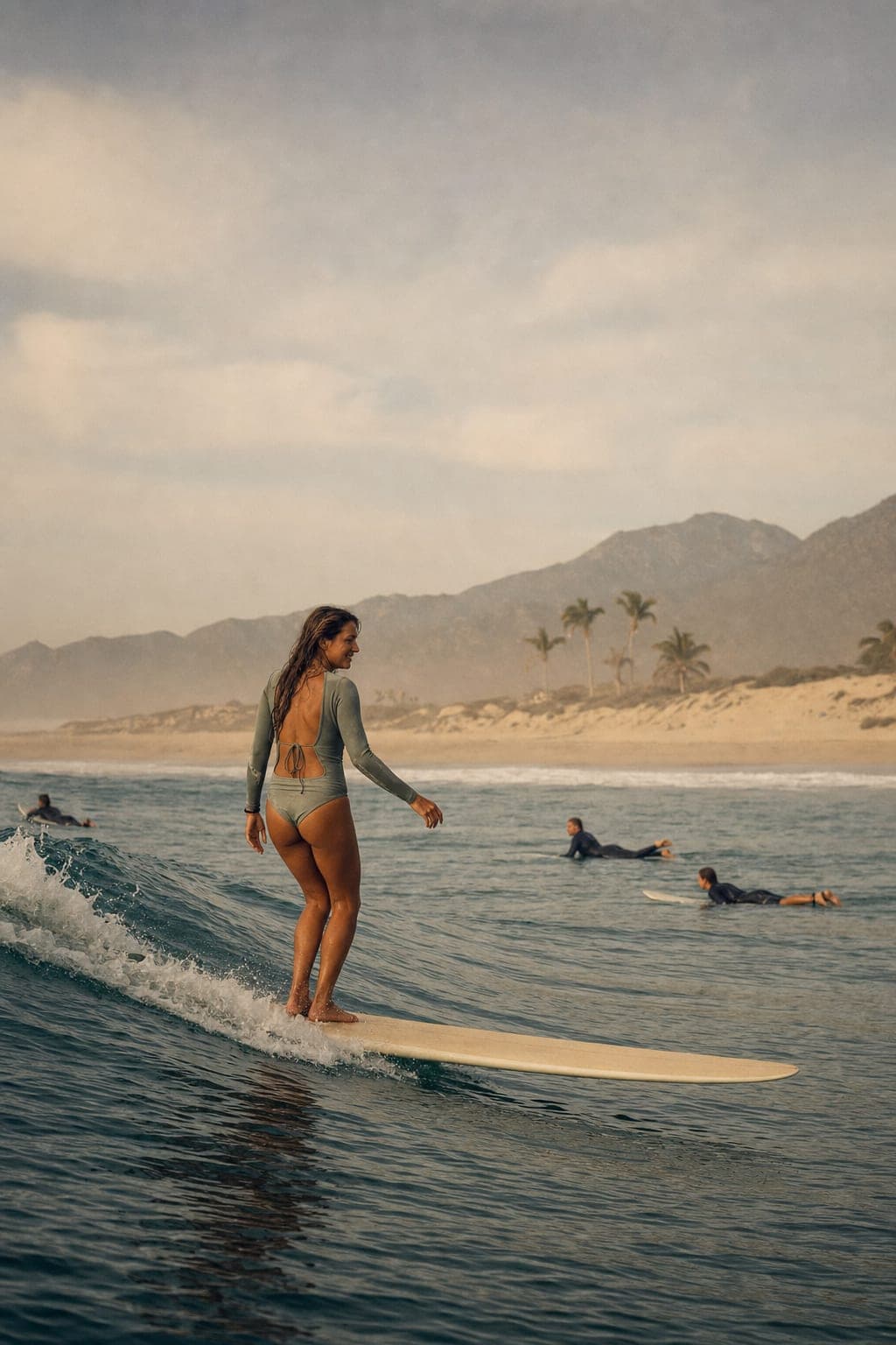A surfer gliding along a small clean wave, mountains and palms behind her