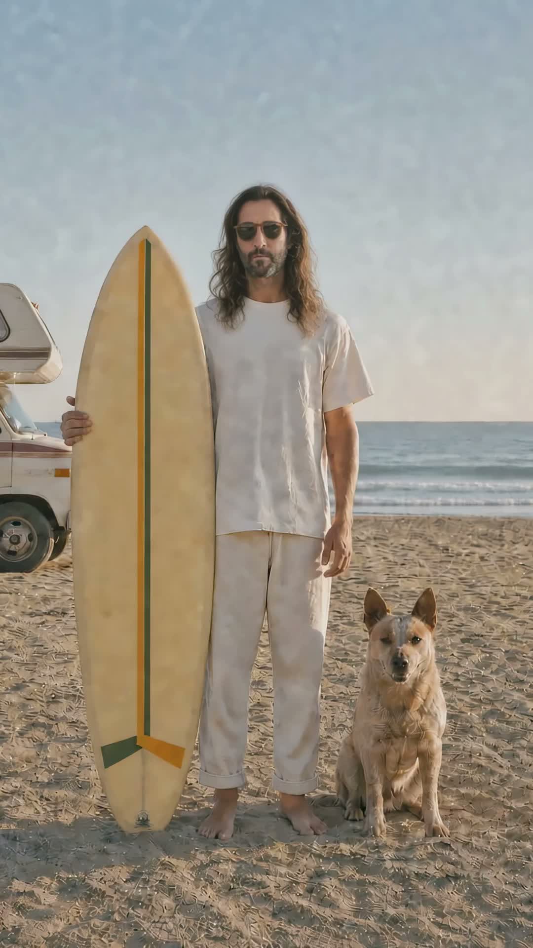 Andres standing with his board and his dog on the beach