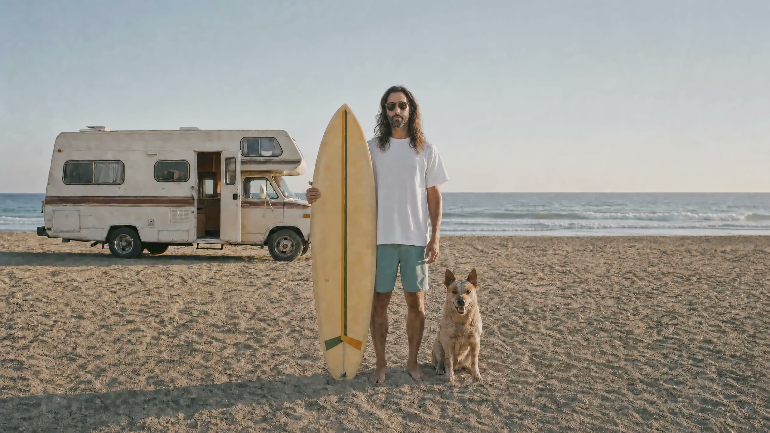 Andres Kayo standing with his retro twin pin, looking at the camera on the shore.